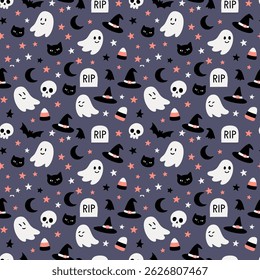 Seamless Halloween Pattern with Skull and Ghosts