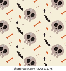 Seamless Halloween pattern with skull,bone and bat.Spooky season design for textile, print, wrapping paper and festive decoration.Vector illustration