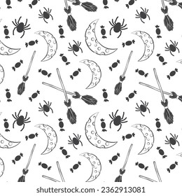 seamless halloween pattern with skulls, bat, pumpkin, witch hat, broom, candies and spiders. black and white