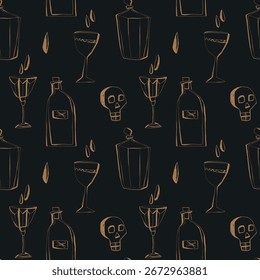 Seamless halloween pattern with skulls bottles candles and cocktail glasses on dark background for party invitations and wrapping