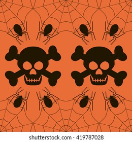 Seamless Halloween pattern of skulls with evil grin and crossbones, spiders in cobweb. Black and orange colors. Spooky background. Vector illustration for various creative projects