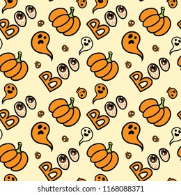 Seamless Halloween pattern with skulls, pumpkins, bones, ghosts. Boo.