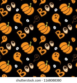 Seamless Halloween pattern with skulls, pumpkins, bones, ghosts. Boo.