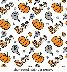 Seamless Halloween pattern with skulls, pumpkins, bones, ghosts. Boo.