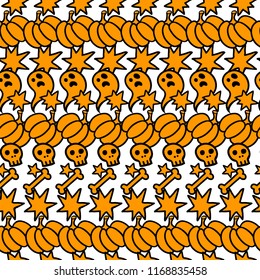 Seamless Halloween pattern with skulls, pumpkins, bones, ghosts. Trick or Treat.