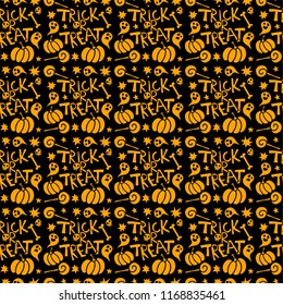 Seamless Halloween pattern with skulls, pumpkins, bones, ghosts. Trick or Treat.
