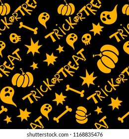 Seamless Halloween pattern with skulls, pumpkins, bones, ghosts. Trick or Treat.
