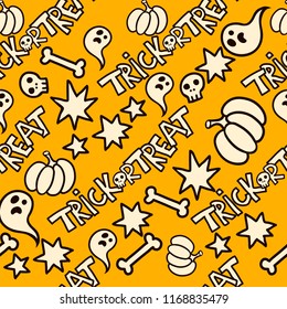 Seamless Halloween pattern with skulls, pumpkins, bones, ghosts. Trick or Treat.