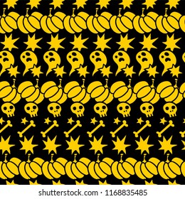 Seamless Halloween pattern with skulls, pumpkins, bones, ghosts. Trick or Treat.