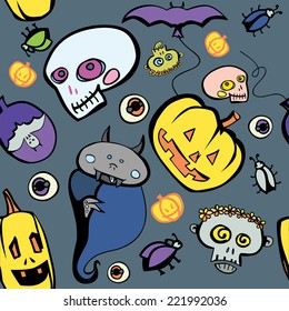 Seamless halloween pattern with skulls and pumpkins