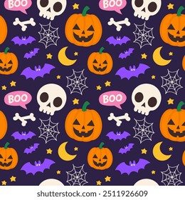 Seamless Halloween Pattern with Skulls, Pumpkins, Bats, and Stars in Dark Background