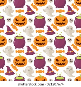 Seamless halloween pattern with skulls, pumpkins, hats, candy and ghosts.