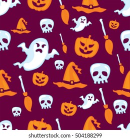 Seamless Halloween pattern - skulls, pumpkins, ghosts, hats and brooms