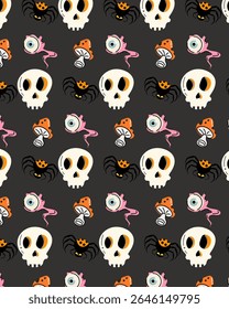 Seamless Halloween Pattern with Skulls, Spiders, Mushrooms, and Eyeballs – Spooky Cute Vector.A fun and spooky seamless Halloween pattern featuring cartoon skulls, spiders, floating eyeballs.