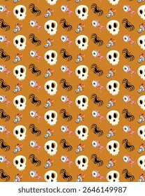 Seamless Halloween Pattern with Skulls, Spiders, Mushrooms, and Eyeballs – Spooky Cute Vector.A fun and spooky seamless Halloween pattern featuring cartoon skulls, spiders, floating eyeballs.