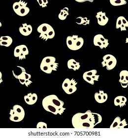 Seamless halloween pattern with skulls. Vector illustration, isolated on black background. Fabric print design.