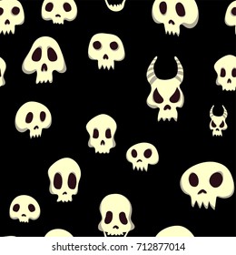 Seamless halloween pattern with skulls. Vector illustration, isolated on black background. Fabric print design.