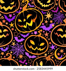 Seamless Halloween pattern with smiling evil pumpkins