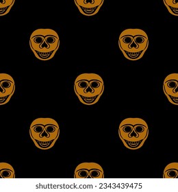 Seamless Halloween pattern with smiling human skulls. Orange dead heads on black background.