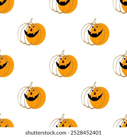 Padrão de Halloween sem costura com Jack-O-Lantern sorridente Abóboras em um fundo branco Divertimento e ilustração sazonal festiva para celebrações de outono e decorações de Halloween