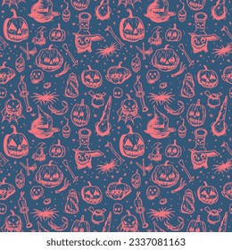 Seamless Halloween pattern. Solid black ink sketch of scary doodle cartoon.