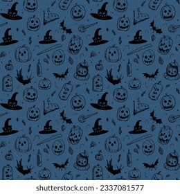 Seamless Halloween pattern. Solid black ink sketch of scary doodle cartoon.