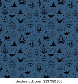 Seamless Halloween pattern. Solid black ink sketch of scary doodle cartoon.
