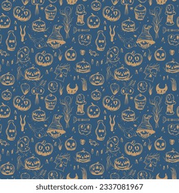 Seamless Halloween pattern. Solid black ink sketch of scary doodle cartoon.
