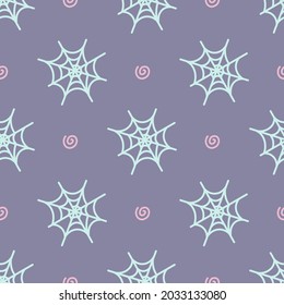 Seamless Halloween pattern with spider web isolated on purple background. Fun vector texture for Halloween celebration. Cute design for wrapping paper, print, card, gift, fabric, textile, wallpaper.