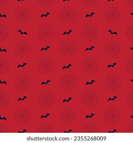 Seamless halloween pattern with spider web and bat on orange background.