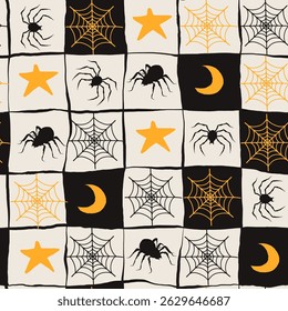 Seamless Halloween Pattern with Spider Web, Stars and Moon in Hand Drawn Style. Doodle arachnid web perfect for cards, party invitations, web, fashion, print
