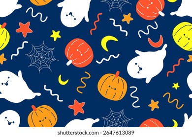 Seamless Halloween pattern with Spider web pumpkin  ghost star and moon
