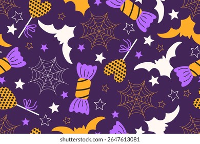 Seamless Halloween pattern with Spider webs bats candy hearts and stars	