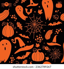 Seamless Halloween Pattern with Spiders, Bats, and Pumpkins