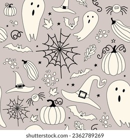 Seamless Halloween Pattern with Spiders, Bats, and Pumpkins