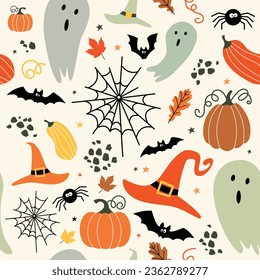 Seamless Halloween Pattern with Spiders, Bats, and Pumpkins