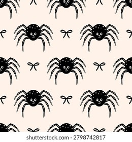 Seamless Halloween pattern with spiders and black bows. Vector monochrome autumn background for spooky designs.