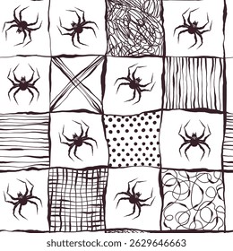 Seamless Halloween Pattern with Spiders in Hand Drawn Style and Abstract Lines. Doodle arachnid web perfect for cards, party invitations, web, fashion, print.