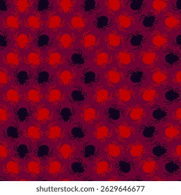 Seamless Halloween Pattern with Spiders in Hand Drawn Style on Red Background. Doodle arachnid web perfect for cards, party invitations, web, fashion, print