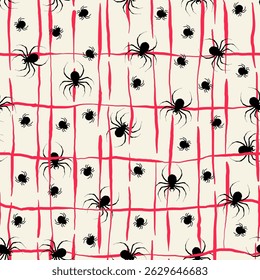 Seamless Halloween Pattern with Spiders and Red Lines in Hand Drawn Style. Doodle arachnid web perfect for cards, party invitations, web, fashion, print