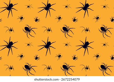 Seamless Halloween pattern with spiders in simple flat style on yellow background.Spooky cute pattern with spiders. Design for backdrop, wrapping paper, fabric, textile, print. Vector illustration. 