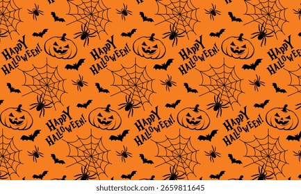 Seamless Halloween pattern with spiderwebs, pumpkins, spiders, and bats on an orange background. Ideal for textiles, packaging, and wallpapers. A festive background for Halloween.
