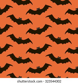 Seamless Halloween pattern of spooky bats with glowing evil eyes. Eerie background in black, white and orange colors. Vector illustration for various creative projects