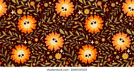 Seamless Halloween pattern with spooky flowers containing skulls. A vintage folk art style on a dark background with stars. Vector illustration for fabric or festive decor.
