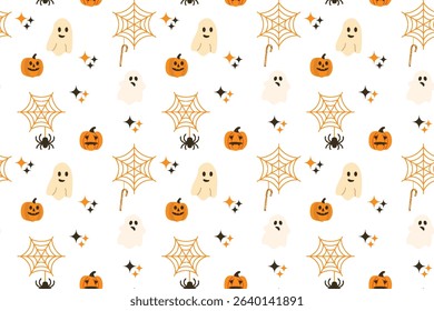 Seamless Halloween pattern Spooky ghosts scary pumpkins, spiderwebs spiders Repeating festive vector design for wrapping paper fabric, backgrounds Seasonal decorations Isolated transparent background.