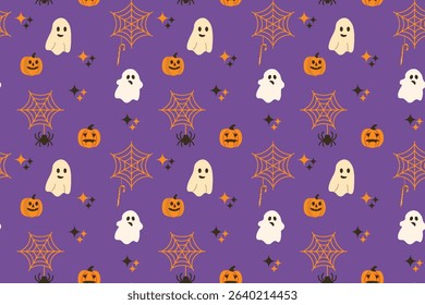 Seamless Halloween pattern Spooky ghosts, scary pumpkins, spiderwebs and spiders. Repeating festive vector design for wrapping paper fabric backgrounds Seasonal decorations. Violet purple background