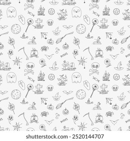 Seamless Halloween pattern, spooky hand-drawn icons, ghosts, pumpkins, bats, witches hats, spider webs. Perfect for holiday designs, textile prints, packaging, party decor Isolated on white background