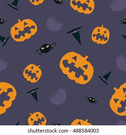 Seamless Halloween Pattern with spooky pumpkins, witch pots and witch hats, spiders. Halloween Background. Halloween pumpkins. Jack o Lantern. Halloween pattern
