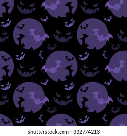 Seamless Halloween pattern with spooky smiling faces and bats over moonlight