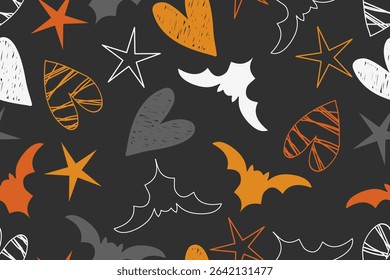 Seamless Halloween pattern with stars hearts and bats